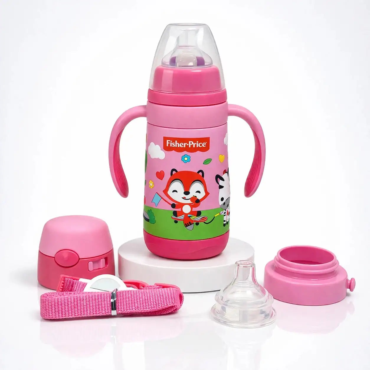 Pink 3 in 1 Baby Feeding Bottle with Handles and Convertible Feeding Accessories