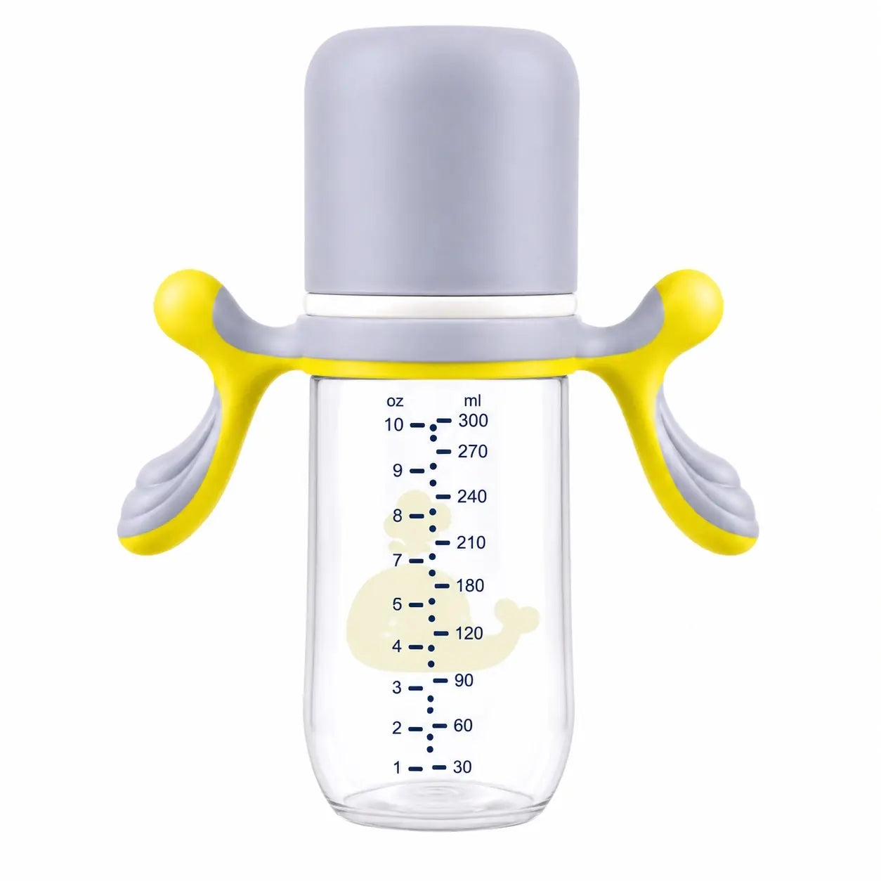 Grey and yellow 300ml baby feeding bottle with whale print and measurement scale