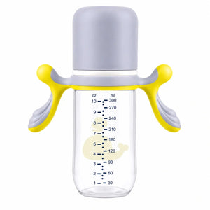 Grey and yellow 300ml baby feeding bottle with whale print and measurement scale