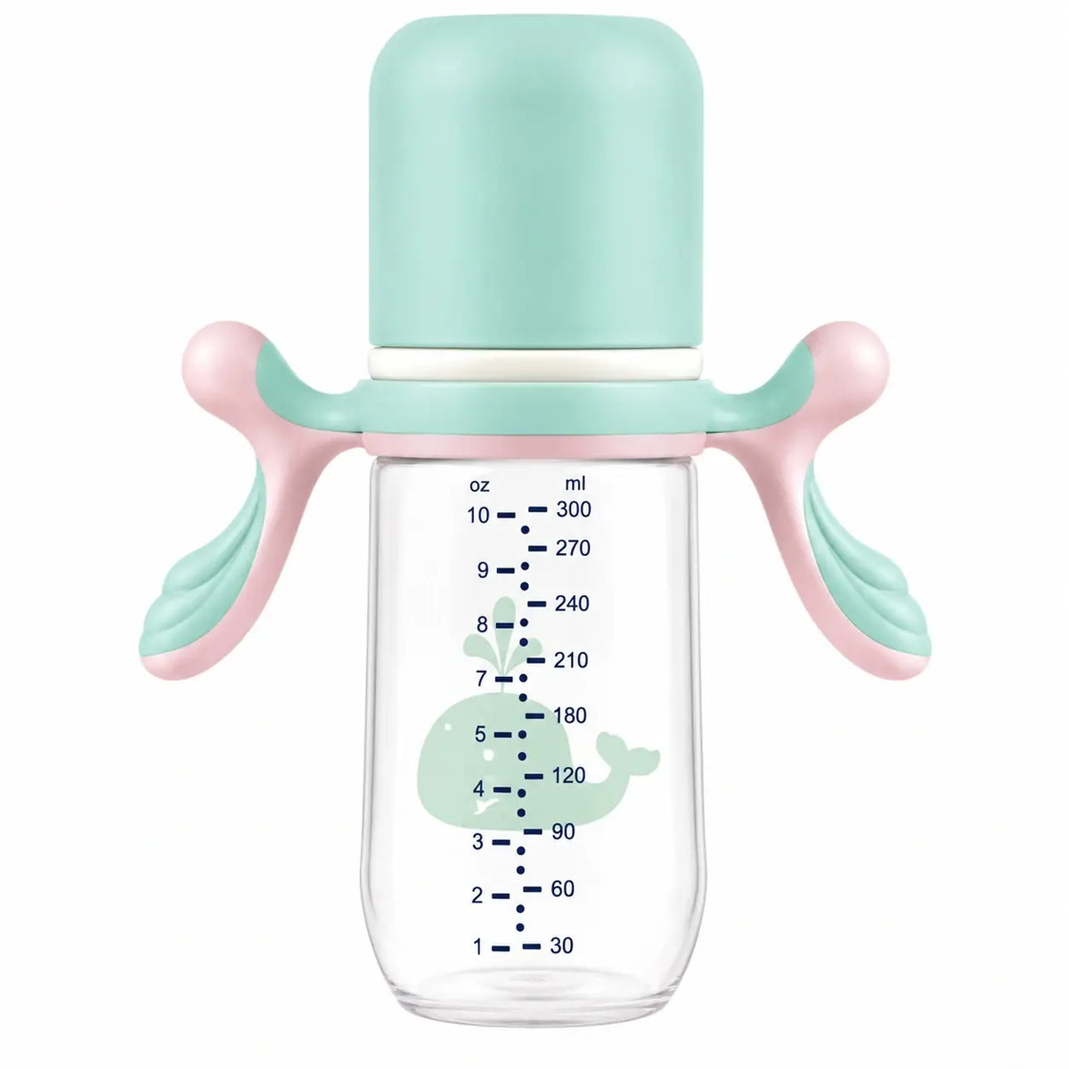 Mint green and pink 300ml baby feeding bottle with handles and whale print