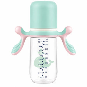 Mint green and pink 300ml baby feeding bottle with handles and whale print