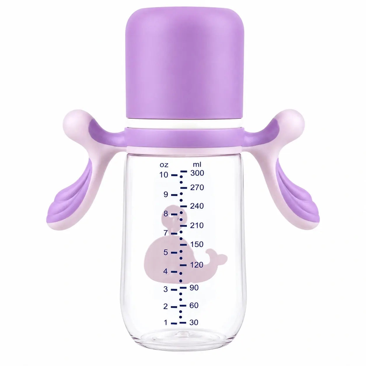 Purple and pink 300ml baby feeding bottle with handles and protective cap