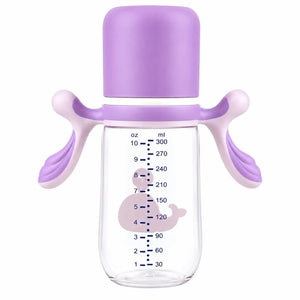 Purple and pink 300ml baby feeding bottle with handles and protective cap