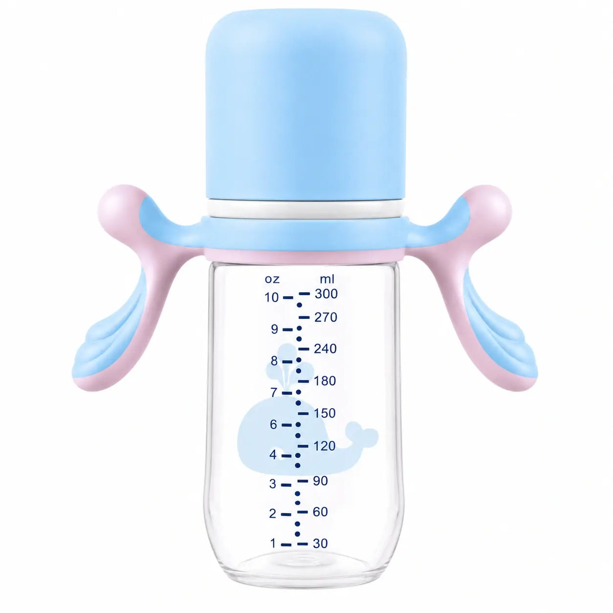 Blue and pink 300ml baby feeding bottle with easy-grip dual handles