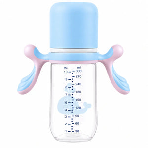Blue and pink 300ml baby feeding bottle with easy-grip dual handles