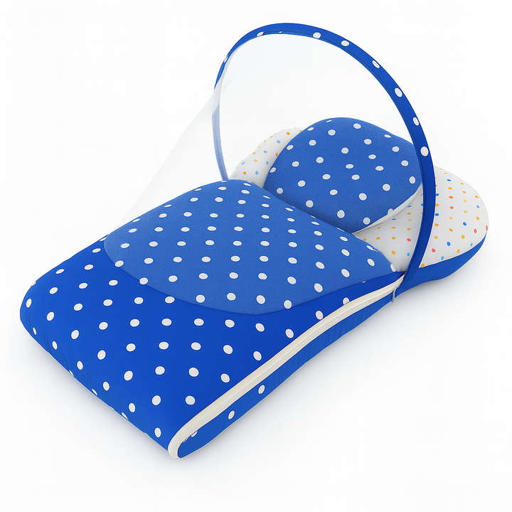 Baby Carry Nest with Removable Mosquito Net – Polka Dot Blue | Soft & Cozy Baby Bed