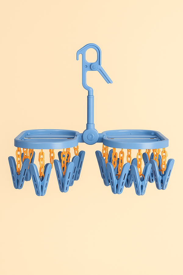 Foldable clothes hanger with 24 clips for drying baby clothes and laundry