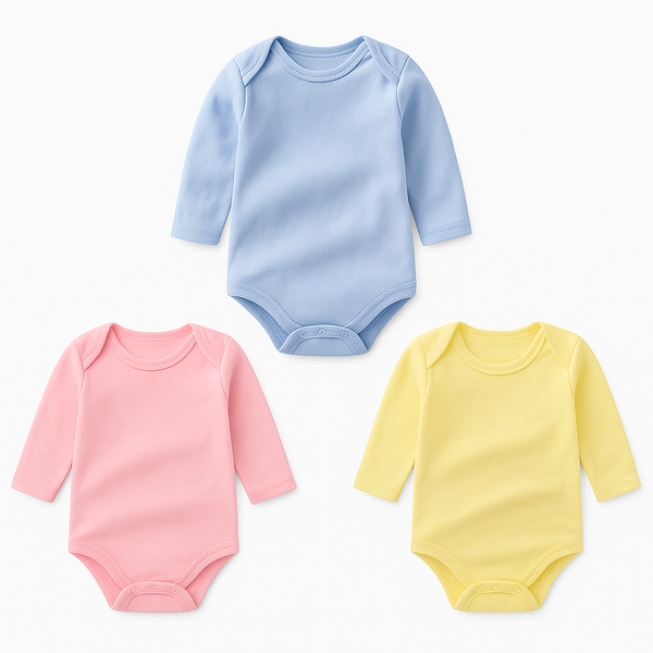 Set of 3 soft and breathable full-sleeve baby bodysuits/rompers in assorted colors. Features snap closures for easy diaper changes. Available in sizes 0-12 months.