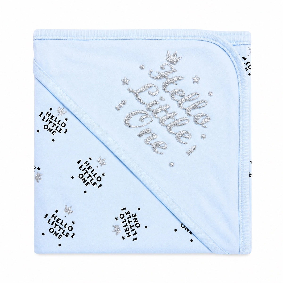 Baby blue wrapping sheet with Hello Little One silver crown design