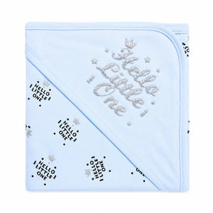Baby blue wrapping sheet with Hello Little One silver crown design