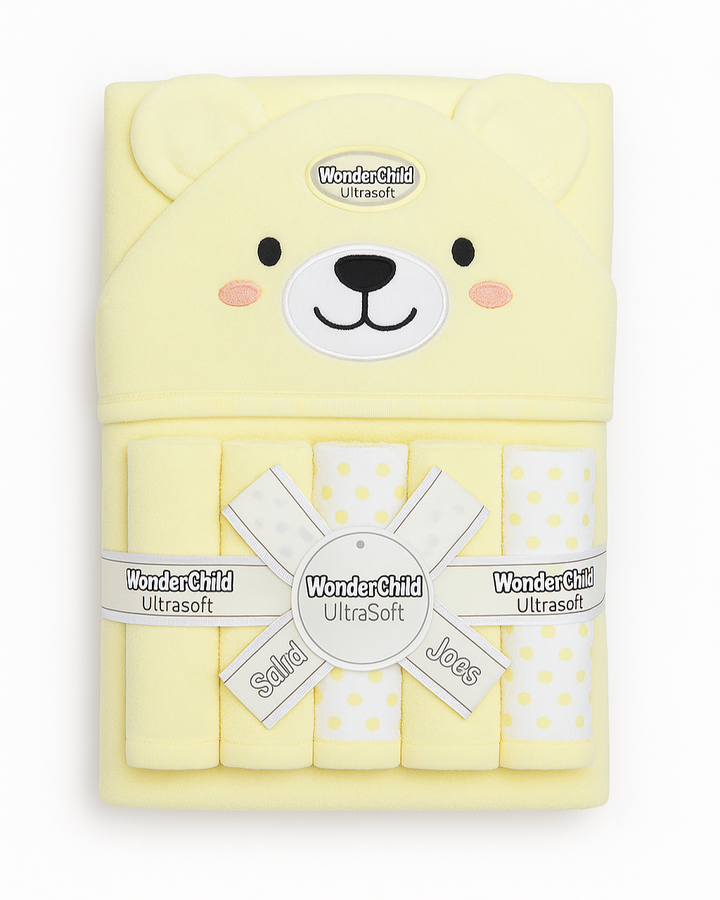 Adorable baby character hooded bath towel made from soft, absorbent fabric. Perfect for keeping your little one warm and cozy after bath time.