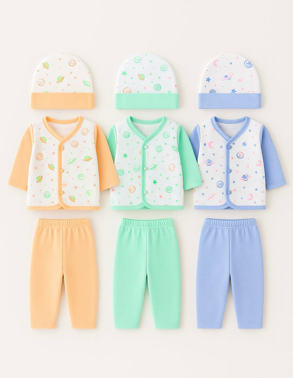 9 Pcs Baby Winter Fleece Starter Set – Orange, Mint Green & Blue Newborn Clothing