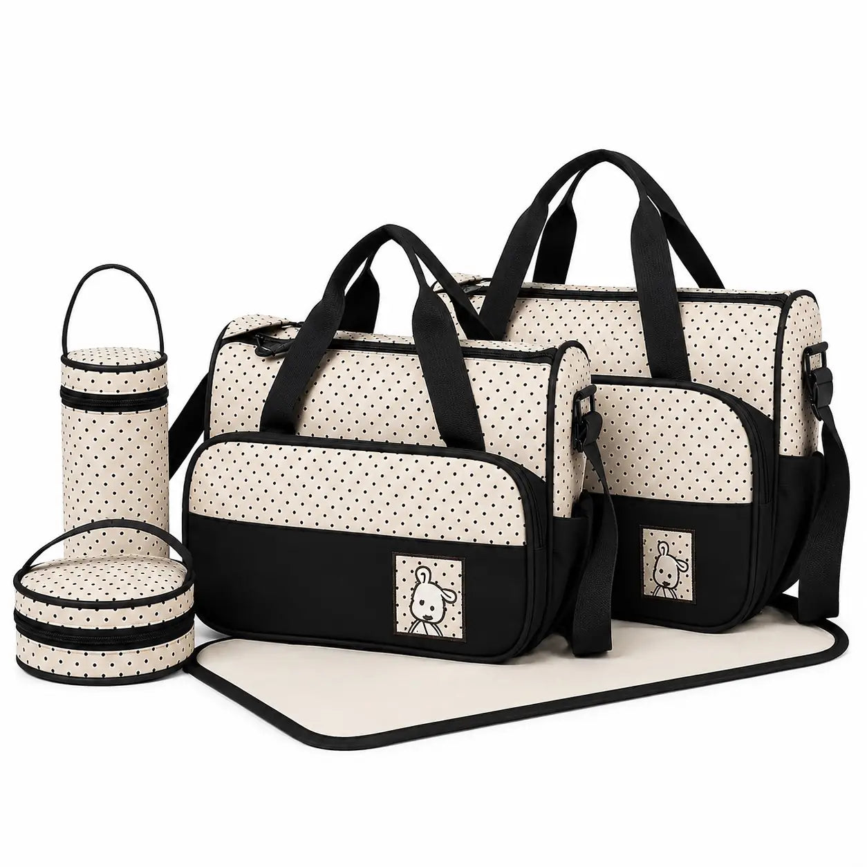 5 pcs baby diaper bag set in beige and black with changing mat and bottle holders