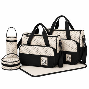 5 pcs baby diaper bag set in beige and black with changing mat and bottle holders
