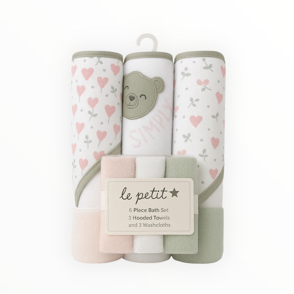 Baby bath towel set for 0-3 years with 3 hooded towels and 3 washcloths made of soft cotton – perfect for everyday use.