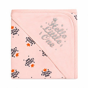 Light pink baby wrapping sheet with Hello Little One crown print