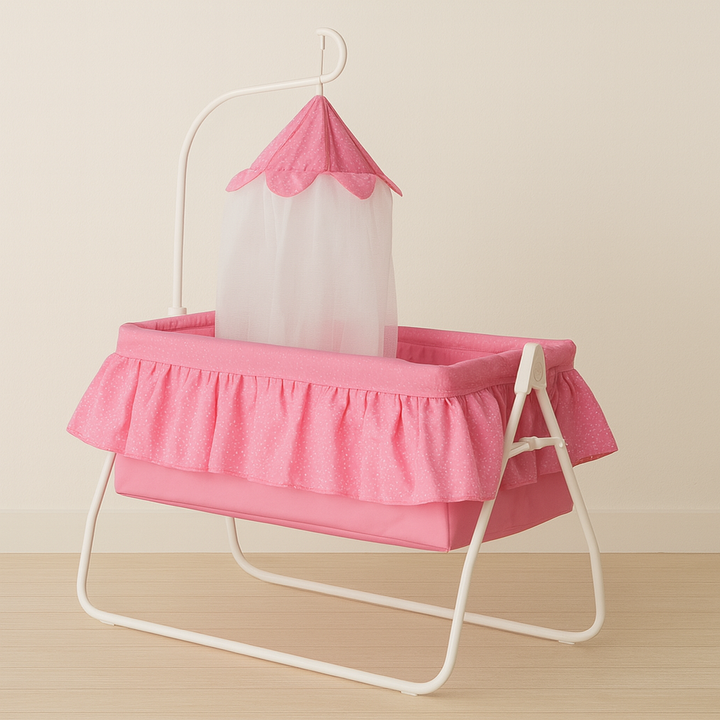 Baby sleeping cradle with canopy net available in pink, grey, and navy blue