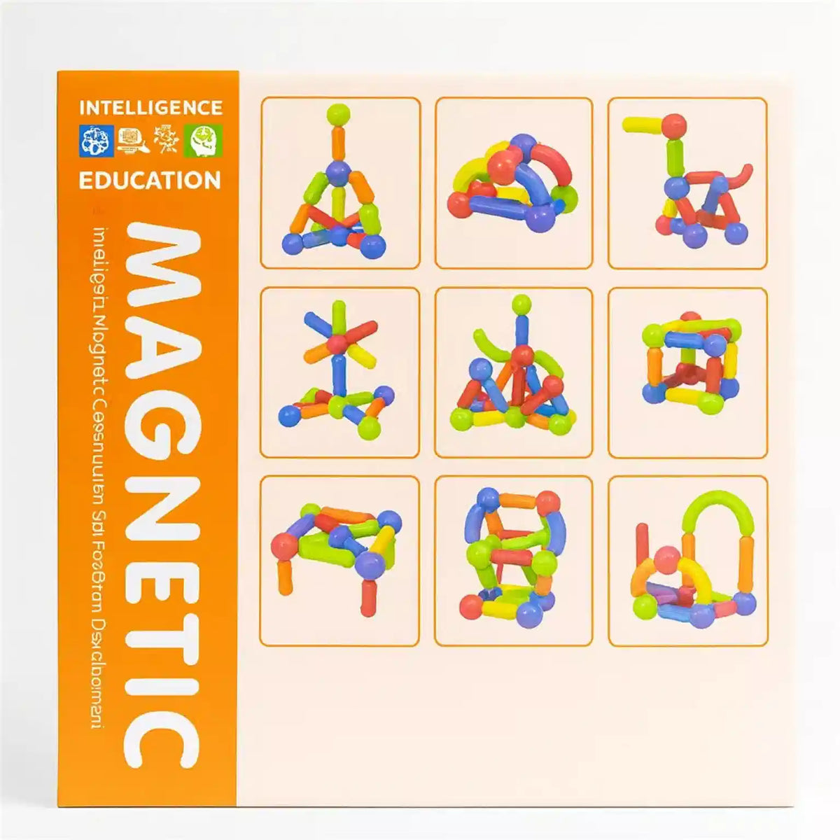 Magnetic construction toy set showing creative shapes and building models