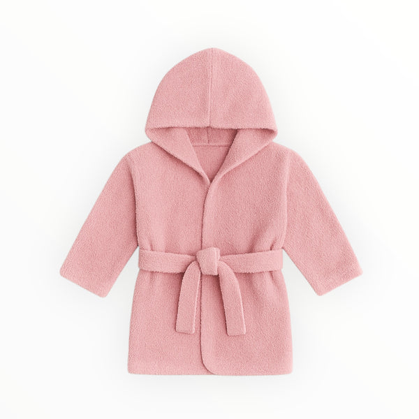 Pink kids hooded bathrobe for babies 0–18 months with hood and tie belt