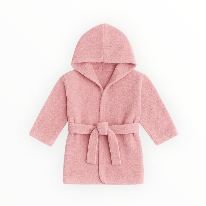 Pink kids hooded bathrobe for babies 0–18 months with hood and tie belt