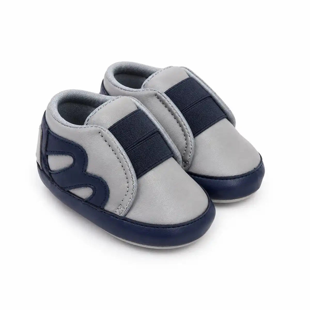 Baby boys grey and navy blue soft sole slip-on first walker shoes – angled view