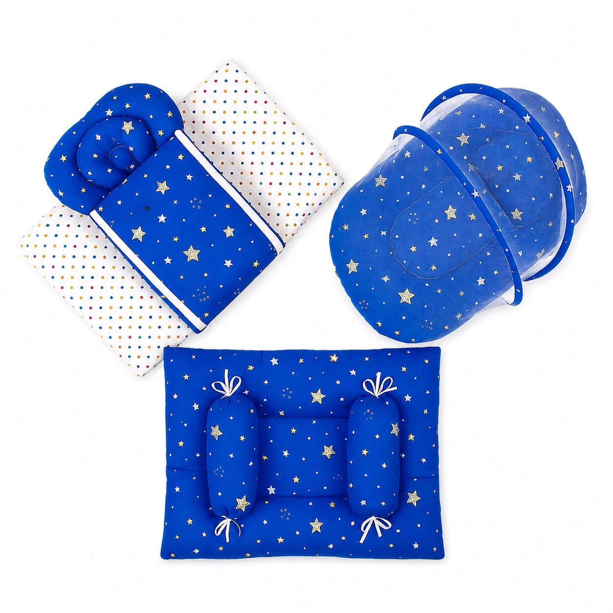 8-Piece Baby Bedding Set With Mosquito Net & Blanket – Star Print (Blue)