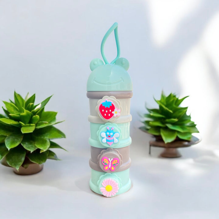 Compact and BPA-free baby formula dispenser with 4 stackable compartments, ideal for storing milk powder, snacks, or baby food while traveling.
