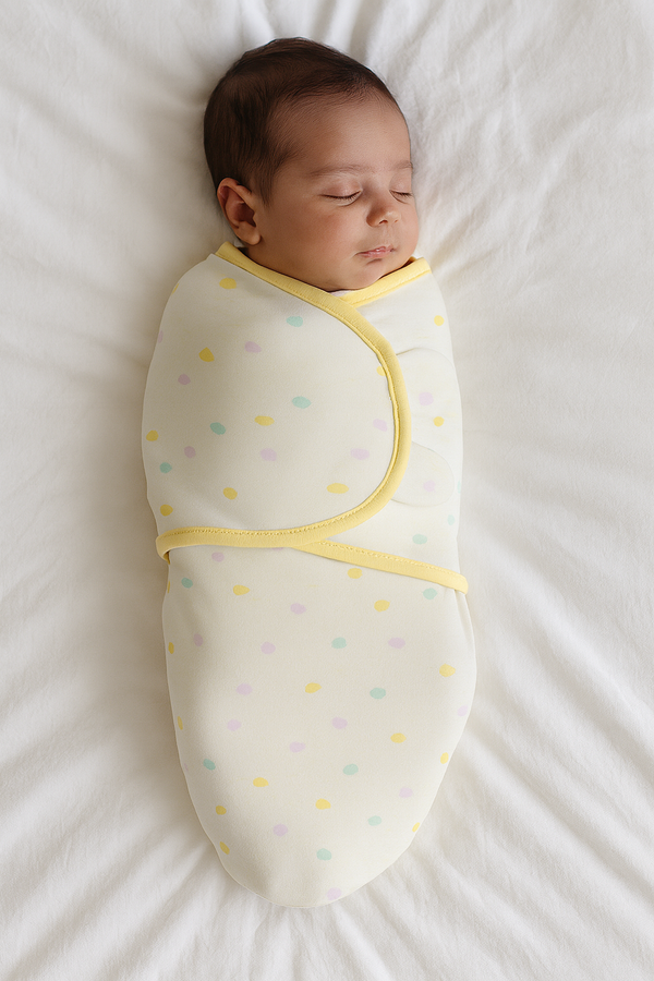Yellow adjustable infant swaddle wrap for newborns with Velcro closure