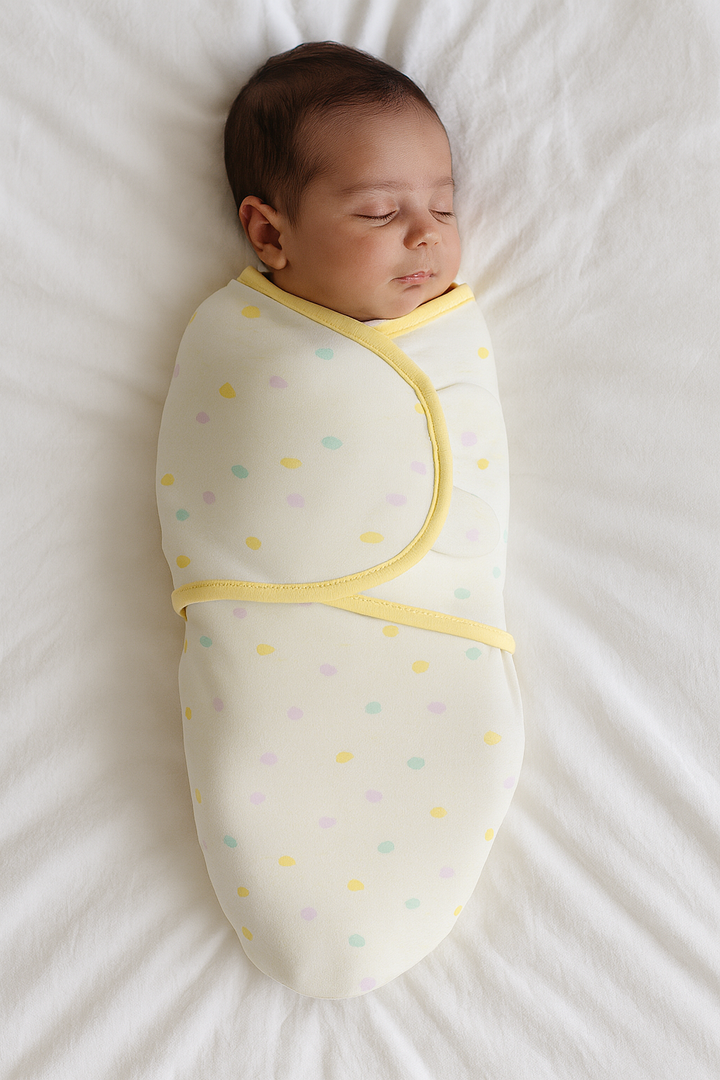 Yellow adjustable infant swaddle wrap for newborns with Velcro closure