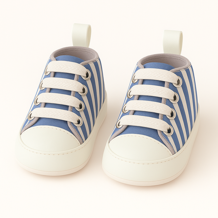 Soft Sole Striped Baby Sneakers Blue & White – High-Top Infant Shoes 0–12 Months in Pakistan