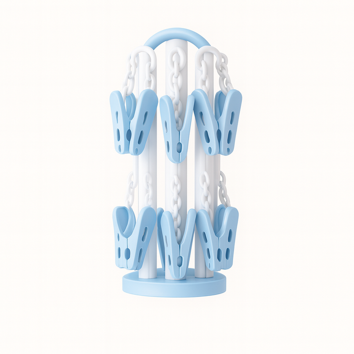 Blue baby foldable clothes dryer hanger with 20 clips and rotating hook