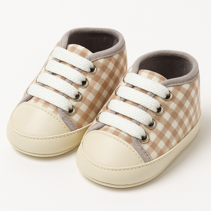 Baby Soft Sole Sneakers Beige & White – Cotton Prewalker Shoes 0–12 Months in Pakistan