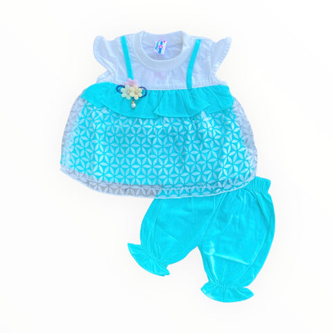  Soft cotton baby frock and pajama set, designed for comfort and style.