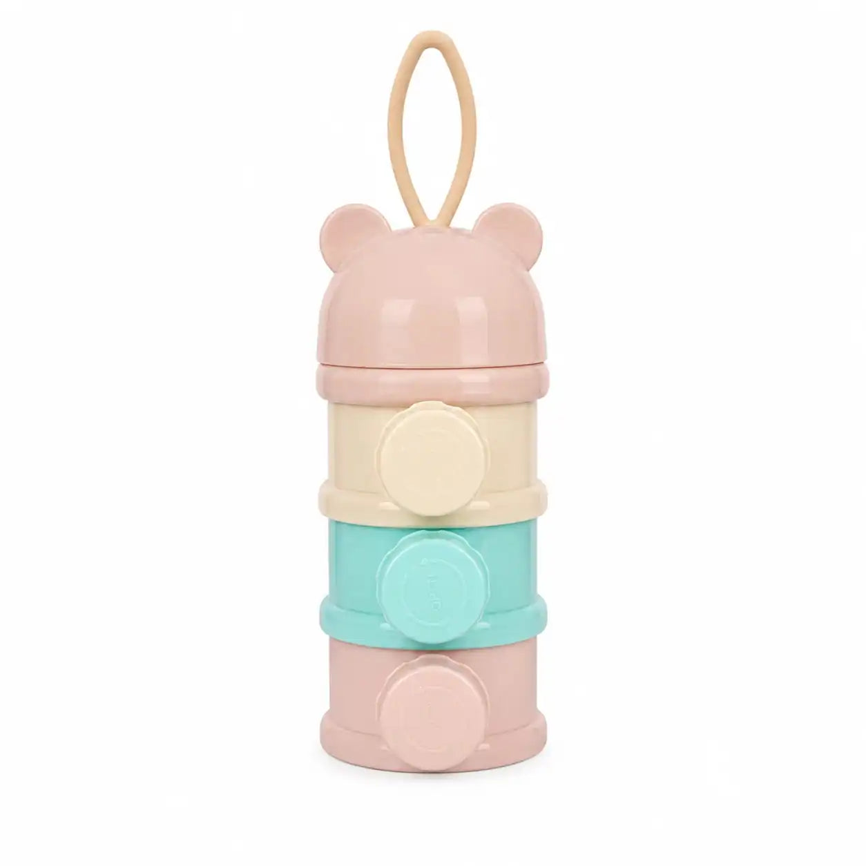 3 layer baby milk powder dispenser with pink cream and mint stackable compartments and bear lid