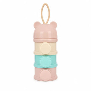 3 layer baby milk powder dispenser with pink cream and mint stackable compartments and bear lid