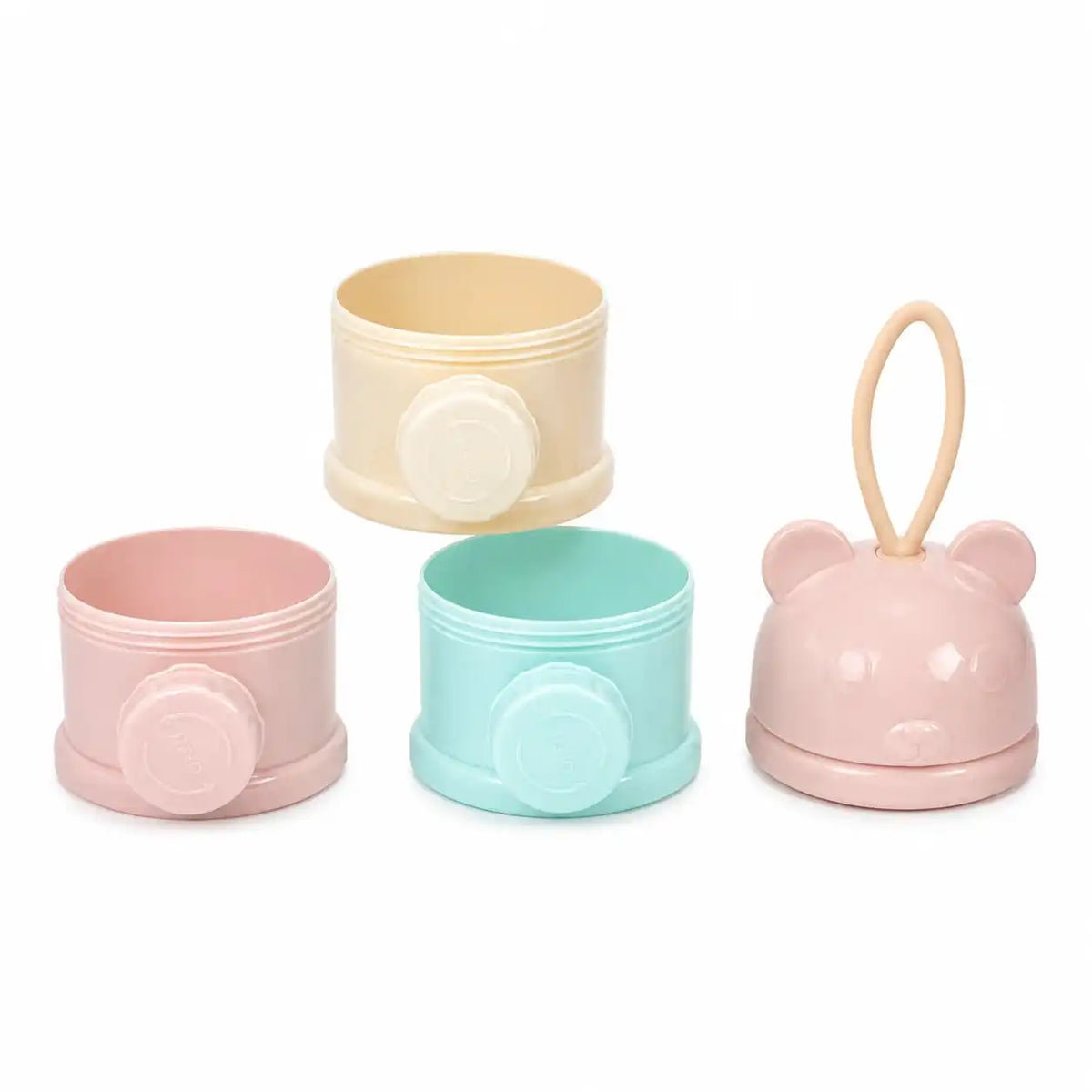 Stackable baby milk powder dispenser with three separate storage compartments and bear carry lid