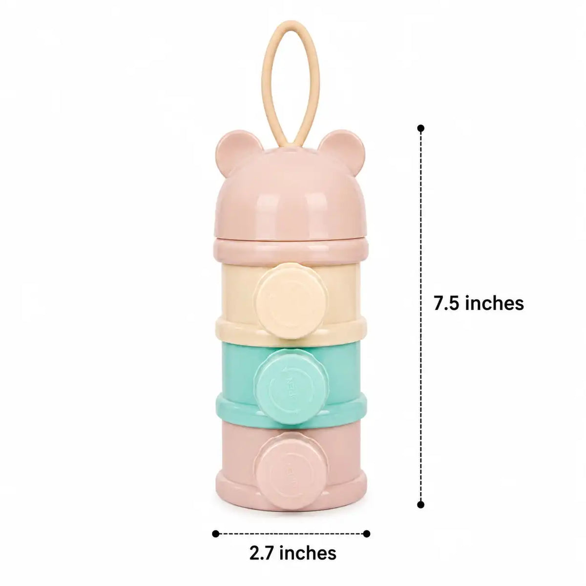 3 layer baby formula milk powder dispenser measuring 7.5 inches high and 2.7 inches wide