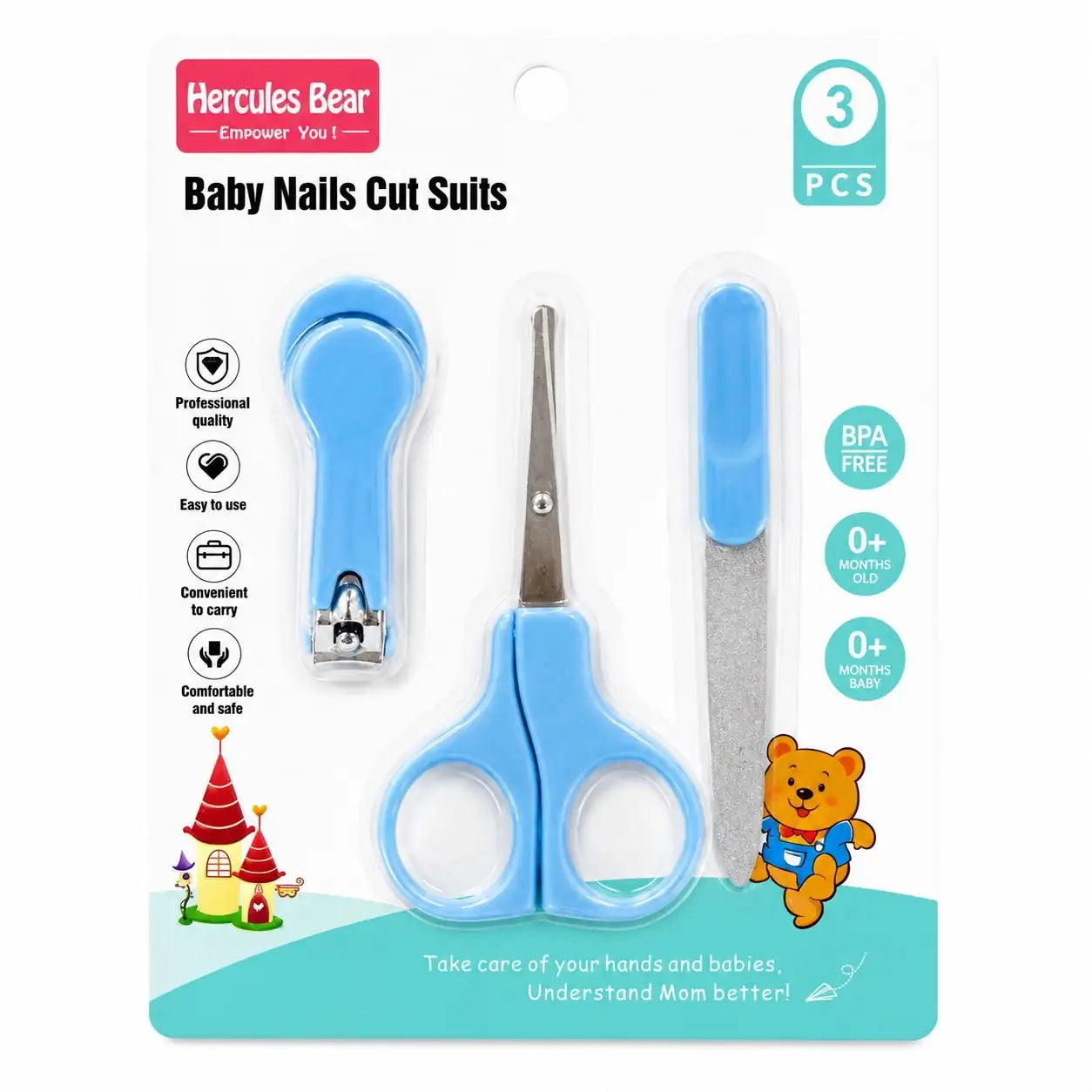 Blue 3 PCS Baby Nail Care Set with Nail Clipper, Safety Scissors & Nail File