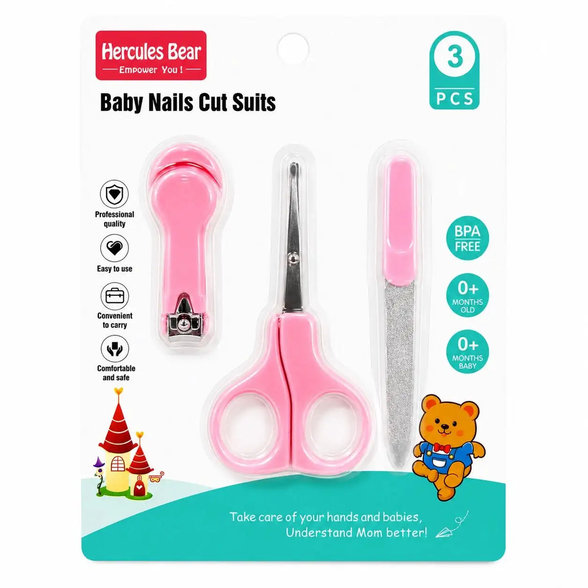 Pink 3 PCS Baby Nail Care Set with Nail Clipper, Safety Scissors & Nail File