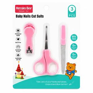 Pink 3 PCS Baby Nail Care Set with Nail Clipper, Safety Scissors & Nail File