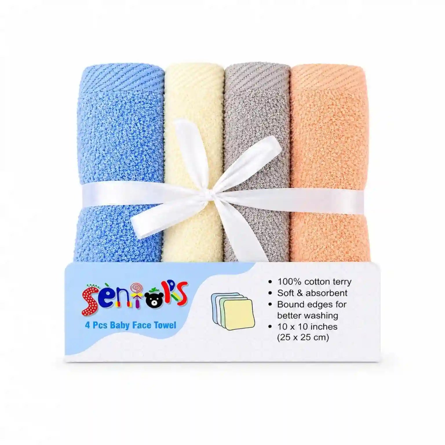 Pack of 4 soft cotton terry baby face towels in multicolor, 10 x 10 inches