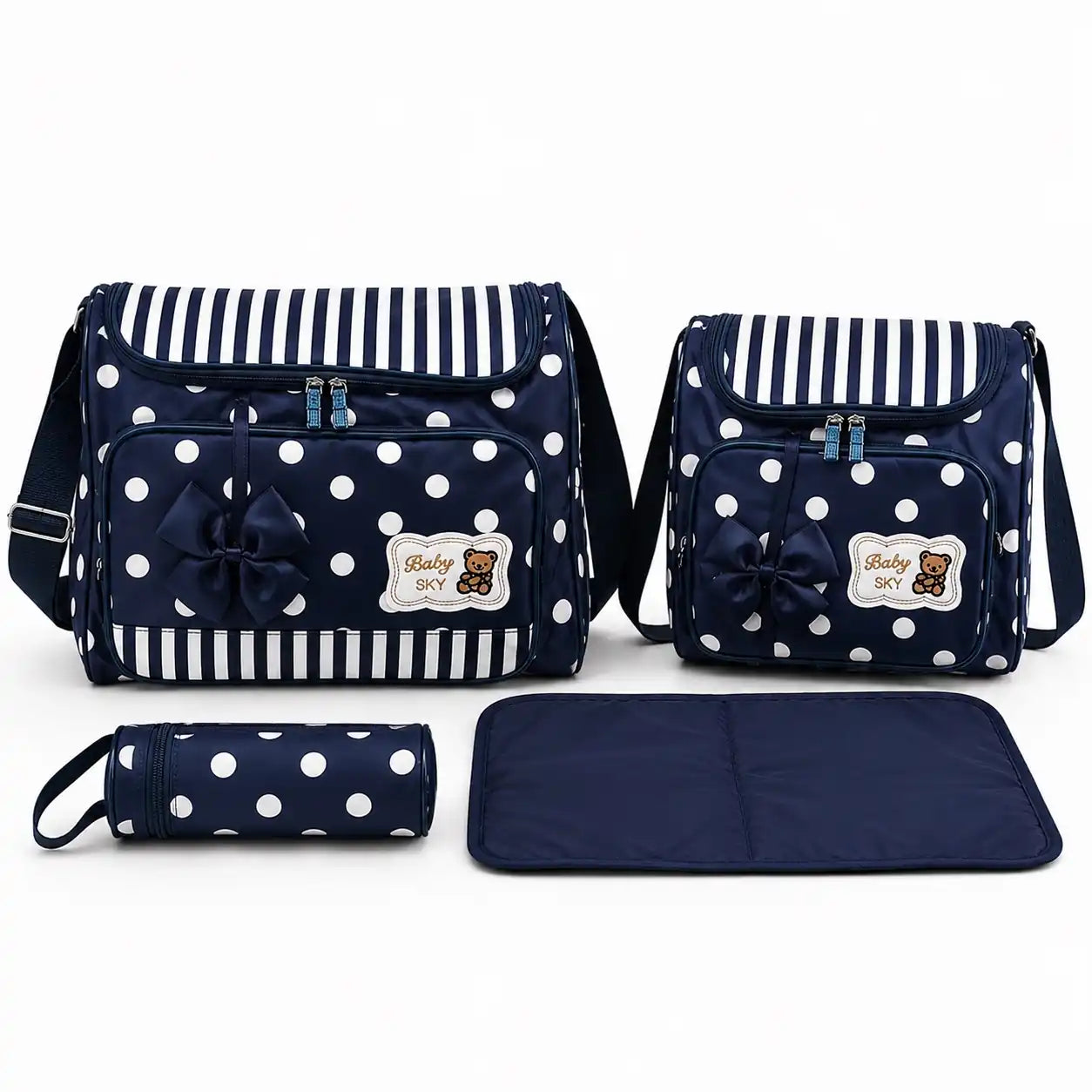 Navy Blue Polka Dot 4 Piece Baby Diaper Bag Set with Large Bag Small Bag Bottle Pouch and Changing Mat