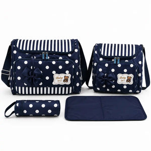 Navy Blue Polka Dot 4 Piece Baby Diaper Bag Set with Large Bag Small Bag Bottle Pouch and Changing Mat