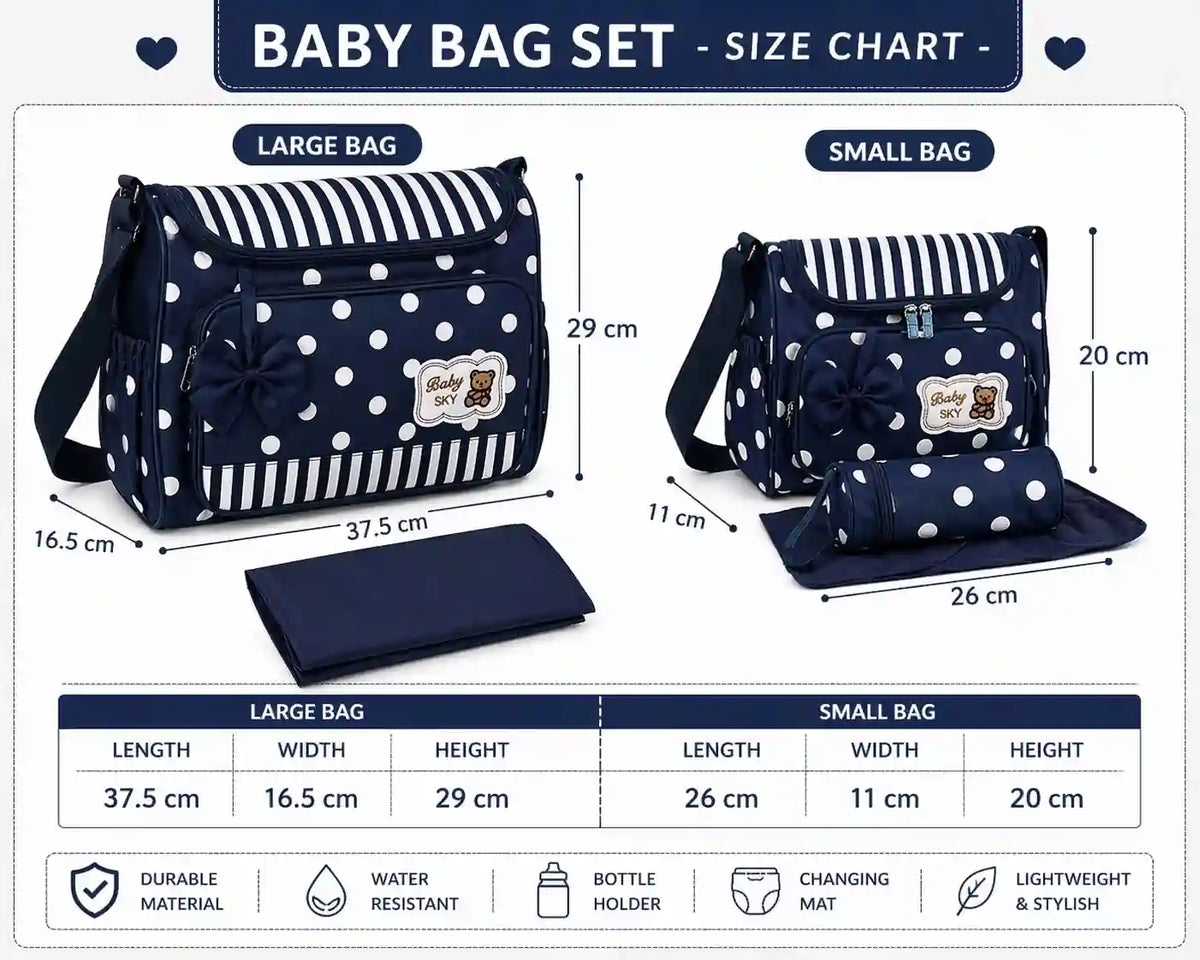 Navy Blue Polka Dot Baby Diaper Bag Set Showing Large and Small Bag Size Dimensions