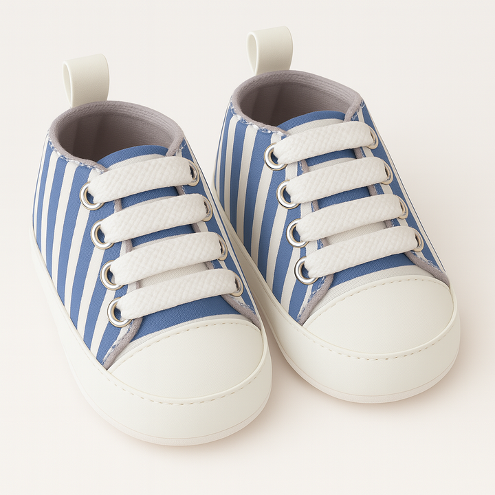 Soft Sole Striped Baby Sneakers Blue & White – High-Top Infant Shoes 0–12 Months in Pakistan