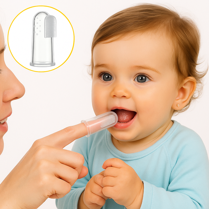 Silicone finger toothbrush for babies – mother gently cleaning baby’s teeth and gums for safe oral care.