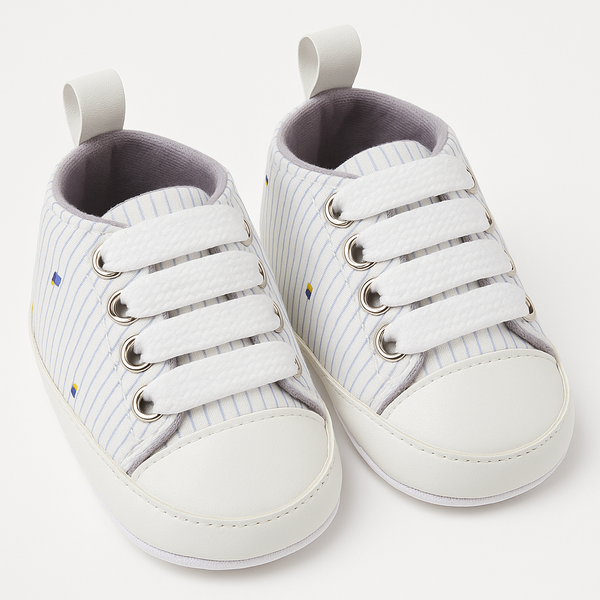 Stylish Soft Sole Baby Sneakers White Stripe Design – Infant Shoes 0–12 Months in Pakistan
