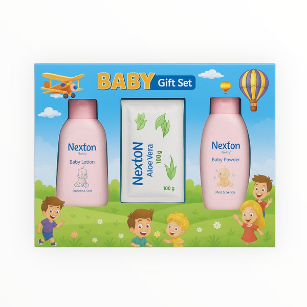 Nexton Baby Gift Set with lotion, aloe vera soap, and powder – ideal for newborn skin care.

