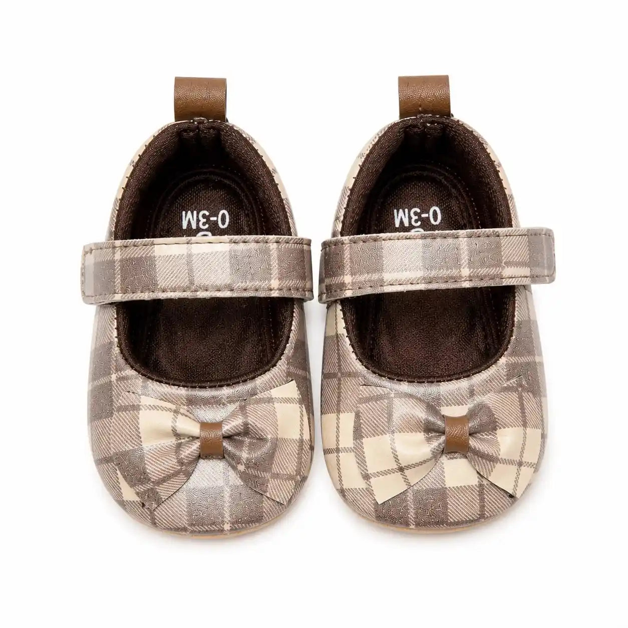 Beige and brown plaid bow baby girl first walker shoes with soft sole and adjustable strap – front view