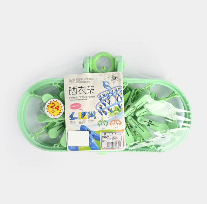 Foldable clothes hanger with 24 clips for drying baby clothes and laundry